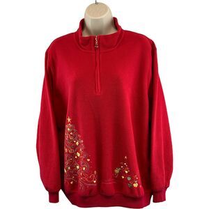 Alfred Dunner Embroidered Christmas Tree 1/4 Zip Fleece Jacket Red Plus Size 1X